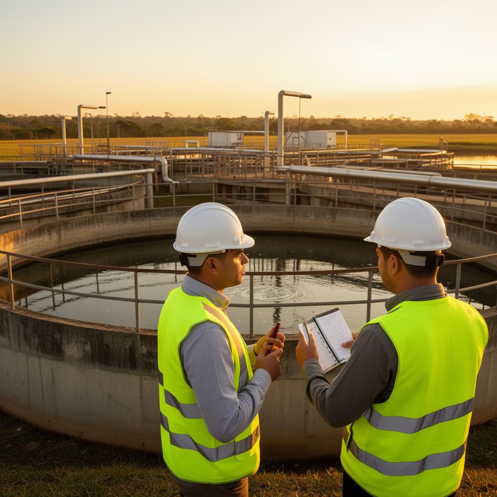Equipe técnica em estação de tratamento de efluentes